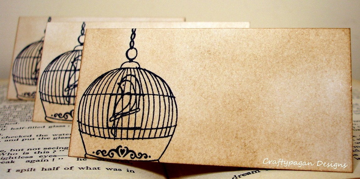 Whimsical Birds-Birdcage Place Cards-Tented-SET of 6-Name Printing Available