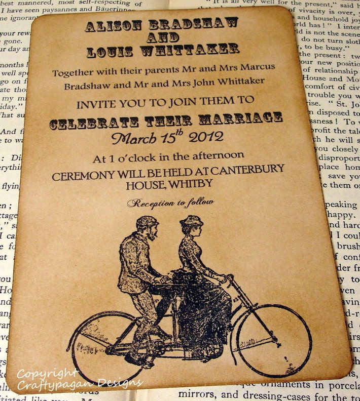 Bicycle for Two-Tandem-Luxury Wedding Invitation with Matching Envelope and Sticker Seal by Craftypagan Designs
