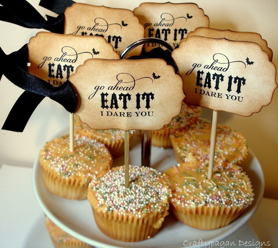 I Dare You Handmade Vintage Style Halloween Cupcake Toppers-SET of 12