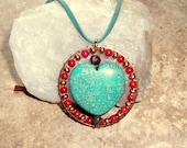 Southwest Love. Turquoise Heart Necklace Wire Wrapped Red Coral Copper Leather Cord