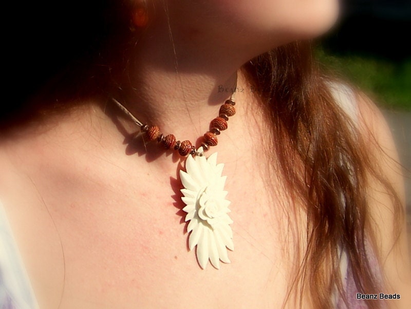 SALE Bohemian Flower Carved Bone Choker Silk Cord and Copper Bali Beads