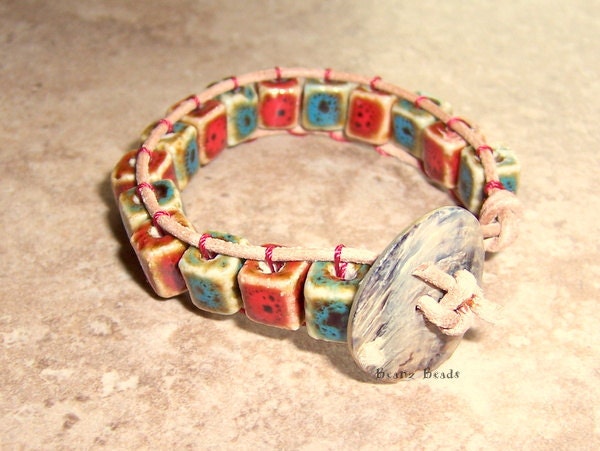 Bold Leather Wrap Bracelet Red and Turquoise Ceramic Cube Beads and Shell Button