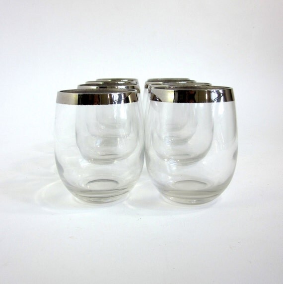 8 Lowball Cocktail Glasses with Silver Rims 60s by AttysVintage