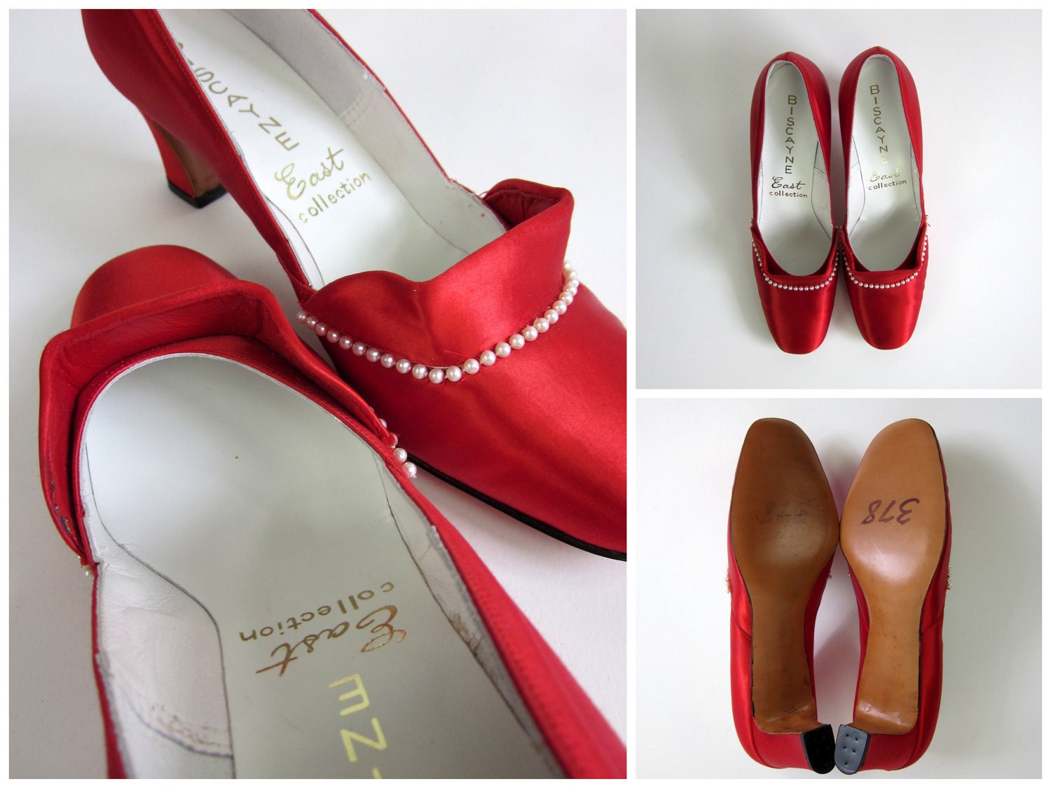 reserved for shannon // Red Satin and Pearls Biscayne East Collection Pumps 60s / size 8.5M