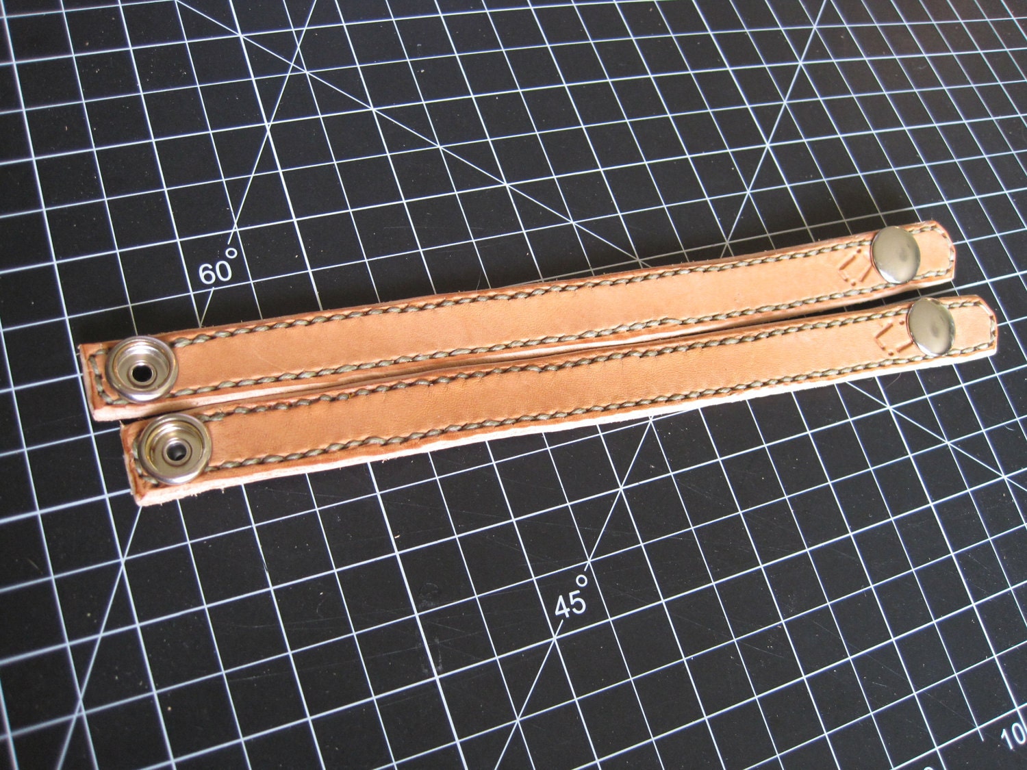 Hand-stitched Leather Bracelet with Snap - Natural with Olive Stitching & Silver Snap - Lazy Leatherworker Logo
