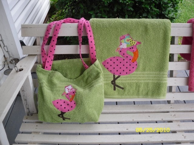 Flamingo towel with matching beach bag