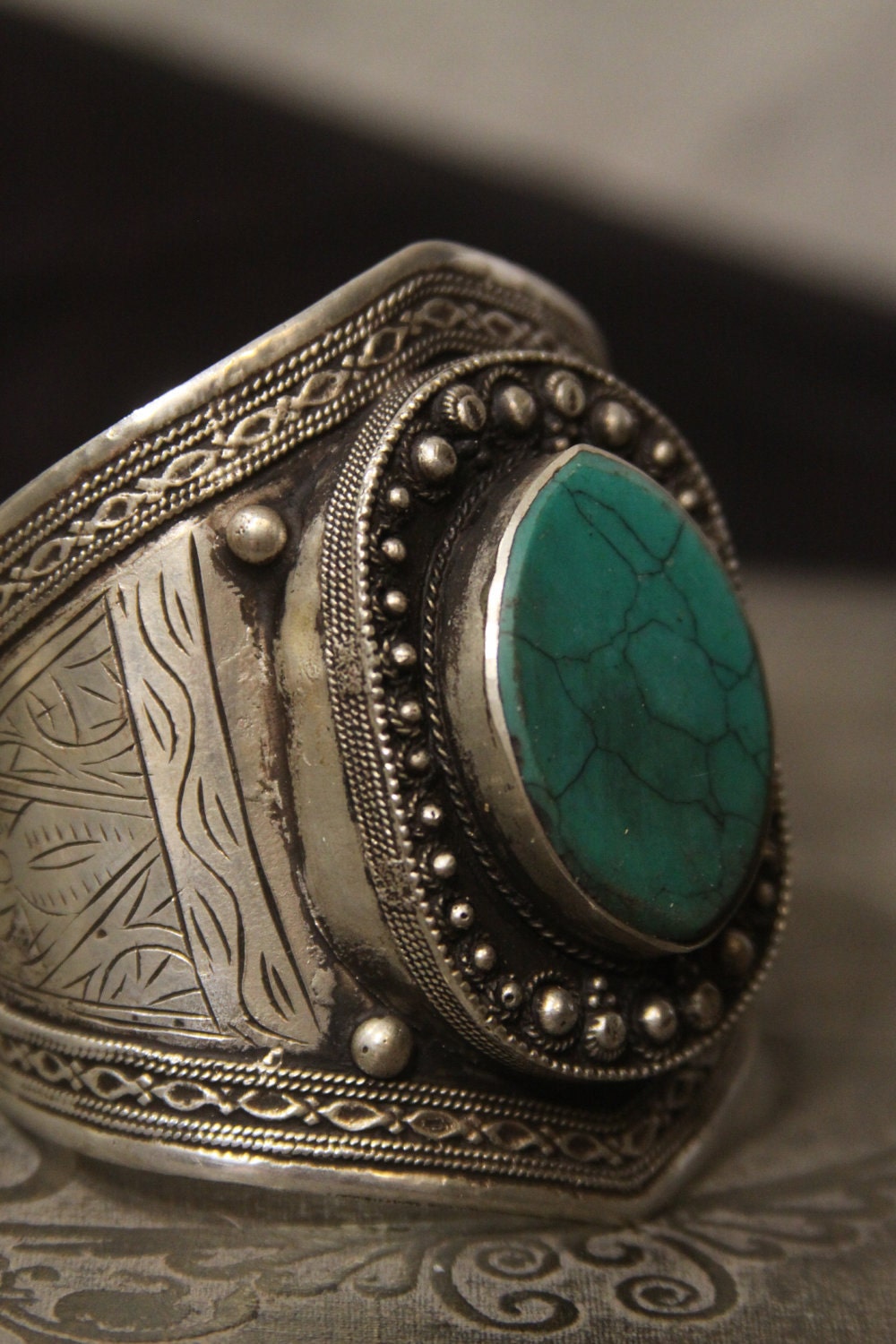 Tribal silver cuff bracelet - old Kuchi jewelry with blue green turquoise - nice patina FREE SHIPPING SALE