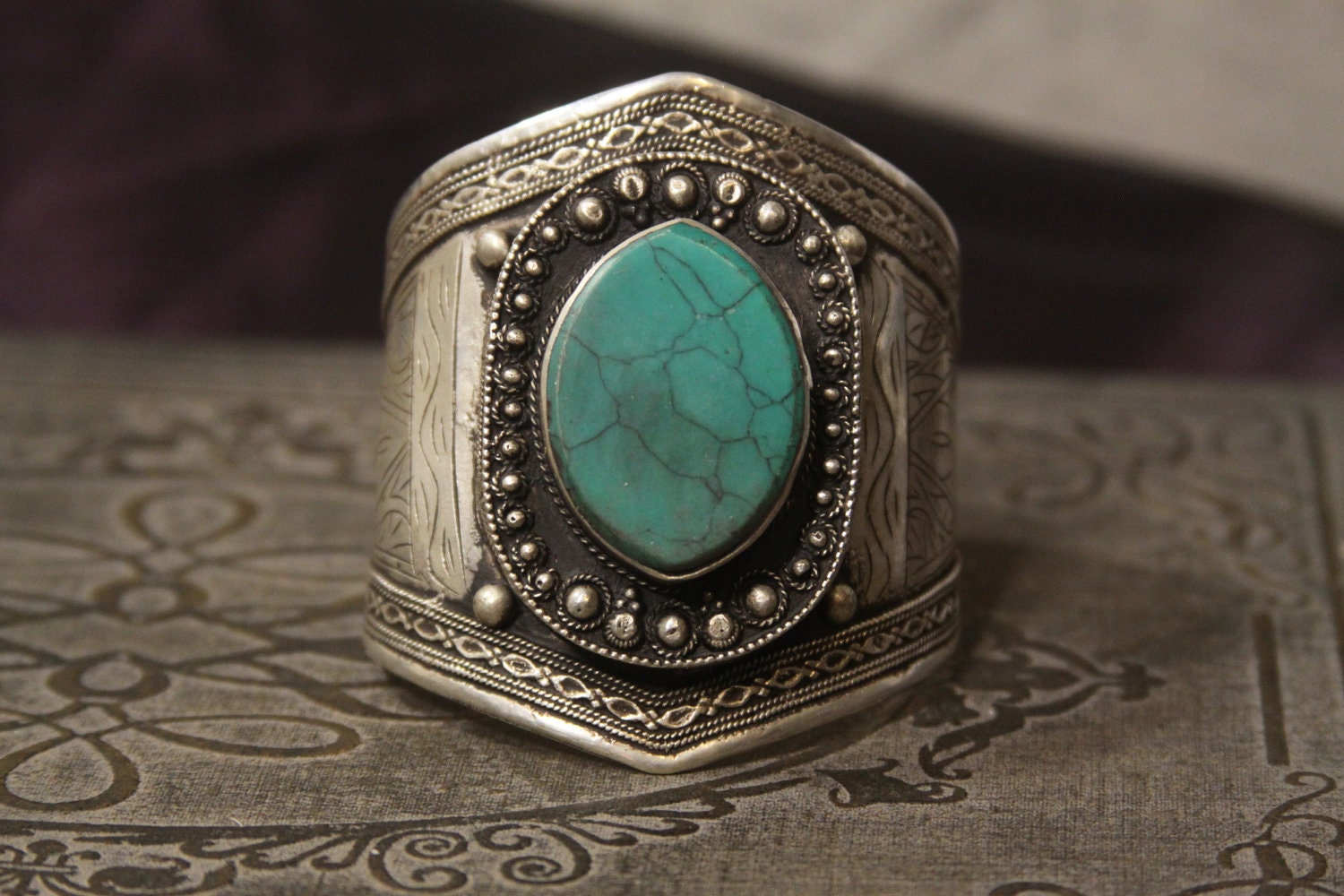 Tribal silver cuff bracelet - old Kuchi jewelry with blue green turquoise - nice patina FREE SHIPPING SALE