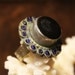 Tribal silver ring - blue glass and black stone - large round cocktail ring FREE SHIPPING SALE
