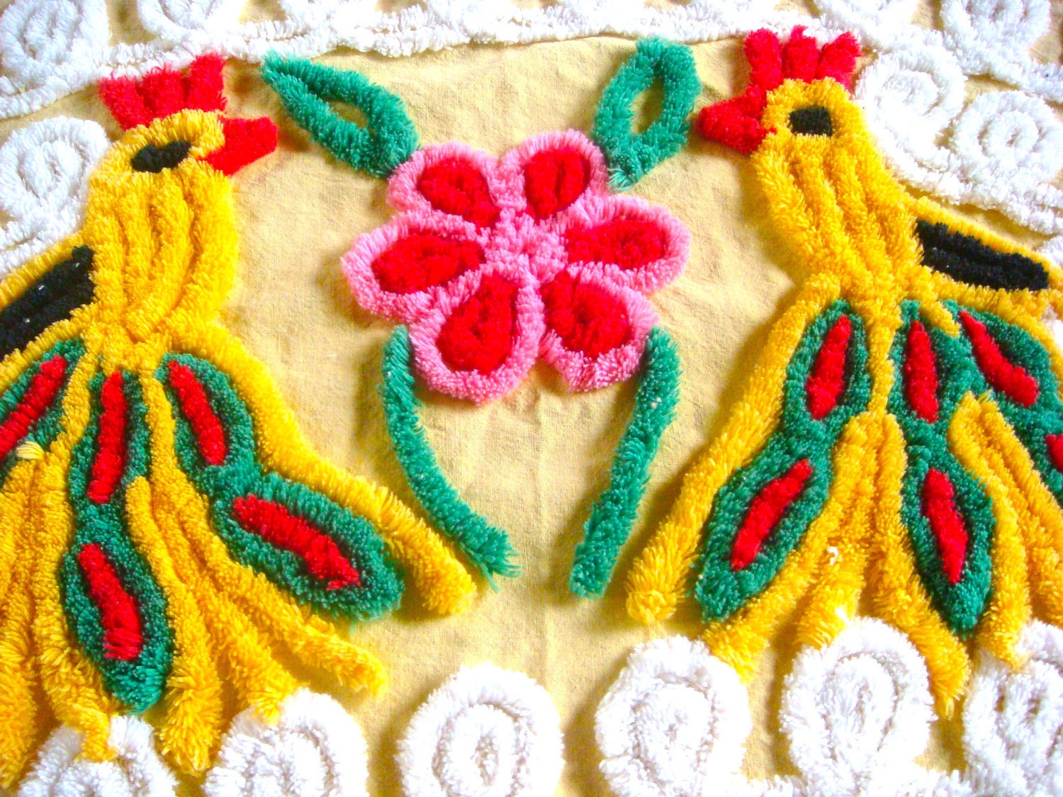 Baby Peacocks Yellow Vintage Cotton Chenille Fabric