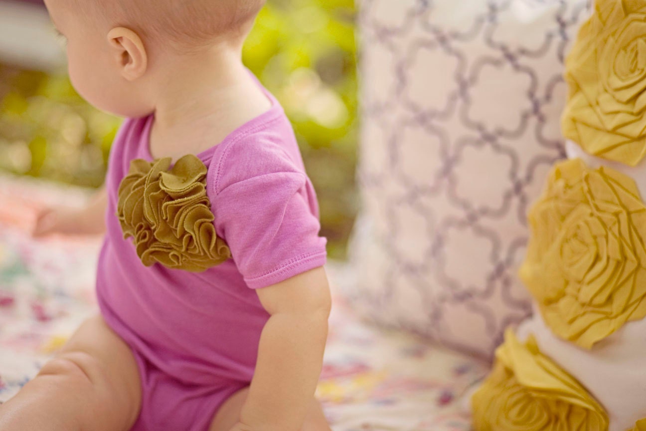 Baby Girl Bodysuit, Moss Green Buds On Plum Purple Raspberry, Hand Dyed, Infant To Toddler