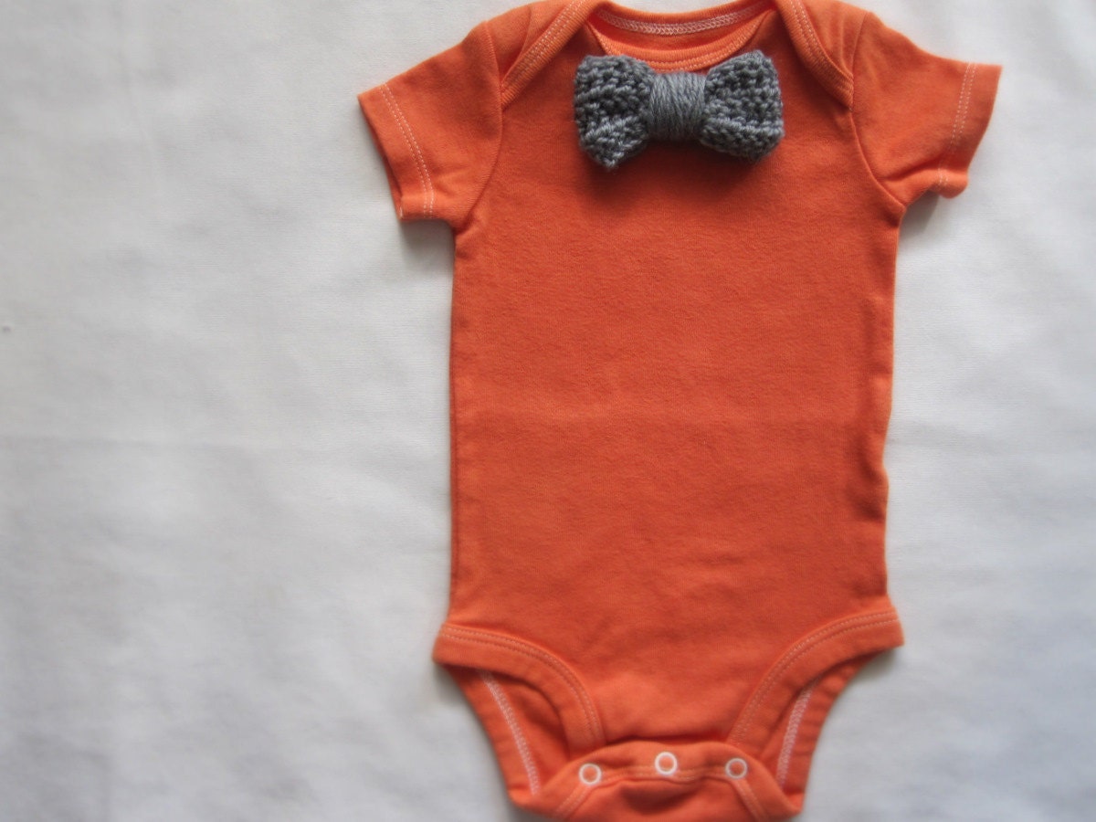 Baby Boy Bodysuit, Grey Bow Tie On Coral Orange, Tuxedo, Hand Dyed, Newborn, Infant