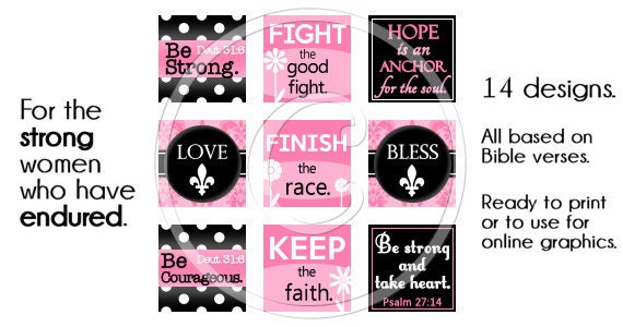 Digital Collage Sheet (Hope for the Strong Woman / Breast Cancer Awareness) Bible Verse Printable Square Inchies & Graphic Image