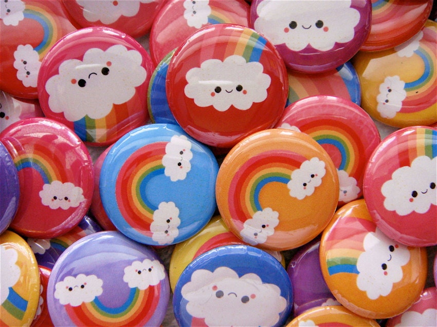 Kawaii Pinback Buttons (set of 24) Rainbow Happy Clouds, Kawaii Grab Bag, Rainbow Party Favors