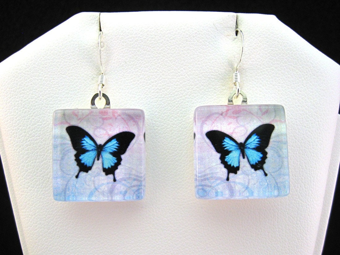 Blue Butterfly Handmade Glass Tile Earrings