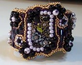 Royal Purple Bead Embroidered Cuff , Filgree, Purple, Black, Mauve, Gold, 23 K gp Clasp Garten