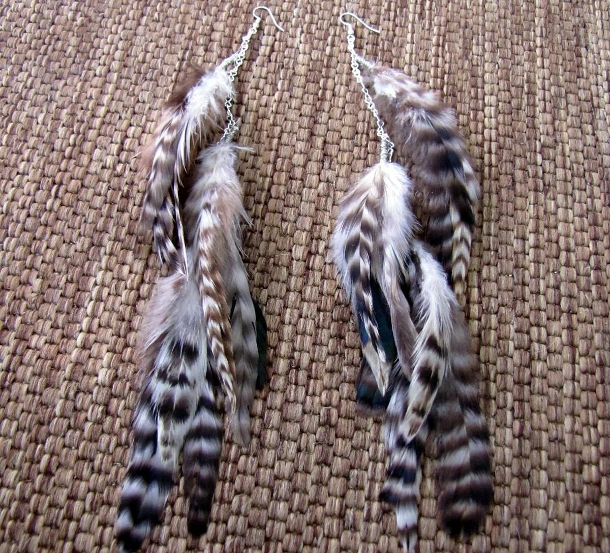Feather Earrings - Long, Black and White Striped Feathers - Wild Wings