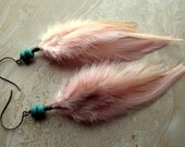 Pink Feather Earrings - Pale Pink and Peach Beaded Feather Earrings - Pink Sugar - peacefrogdesigns