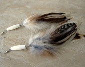 Feather Earrings - Beaded Brown and White Feather Earrings, Tribal Feather Jewelry - New Earth (Ready to Ship)