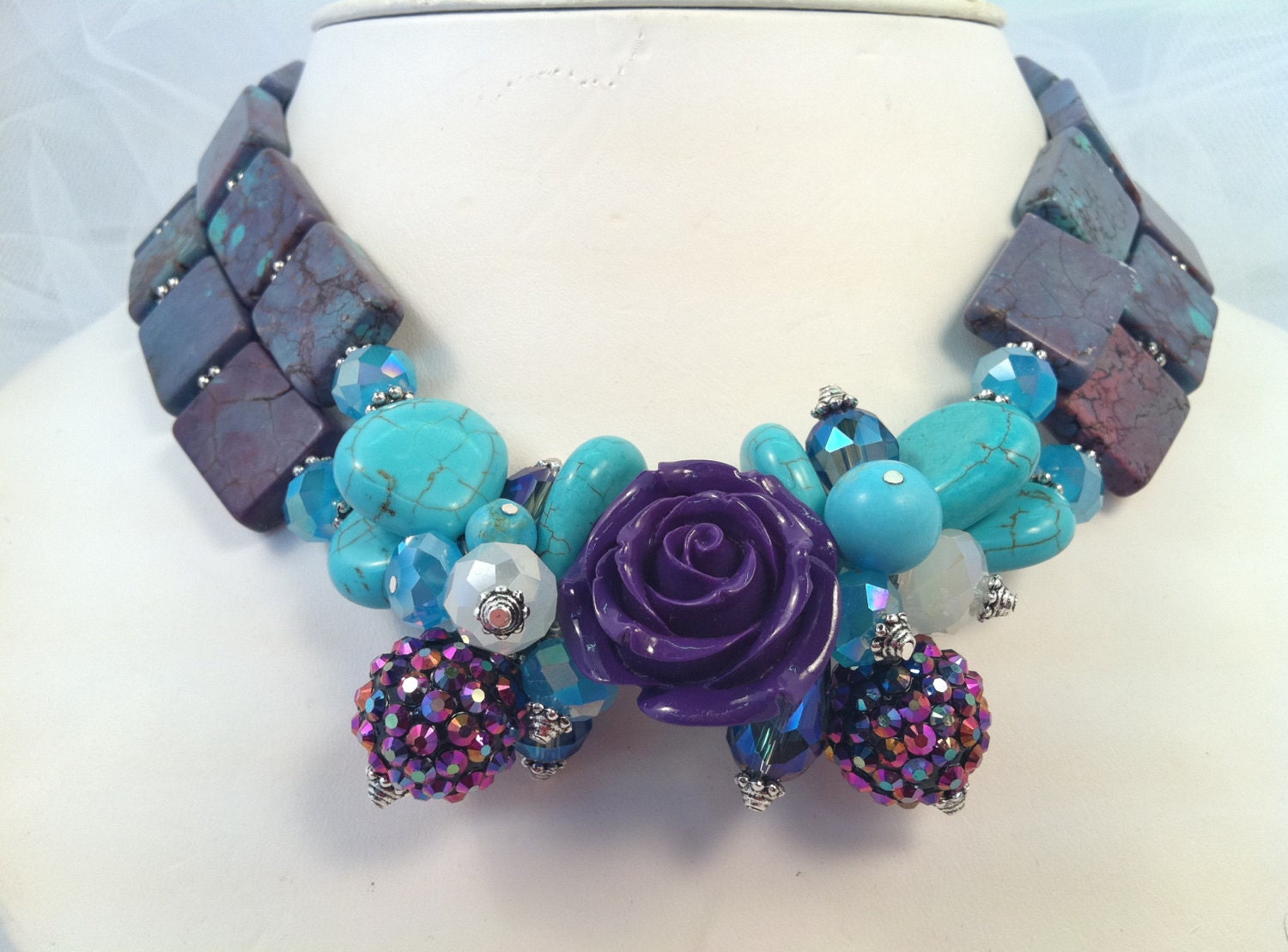Purple Rose with Turquoise and Crystals Necklace and Earrings