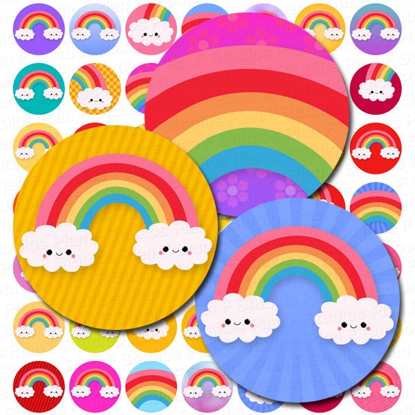 INSTANT DOWNLOAD Colorful Kawaii Rainbows Digital Collage Sheet - 1 Inch Bottle Cap Images