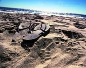 Shimmer - Beach Flip Flops Photography Blue Brown Sand Nautical Sparkle Fine Art Lustre Print - 8x10 Photograph