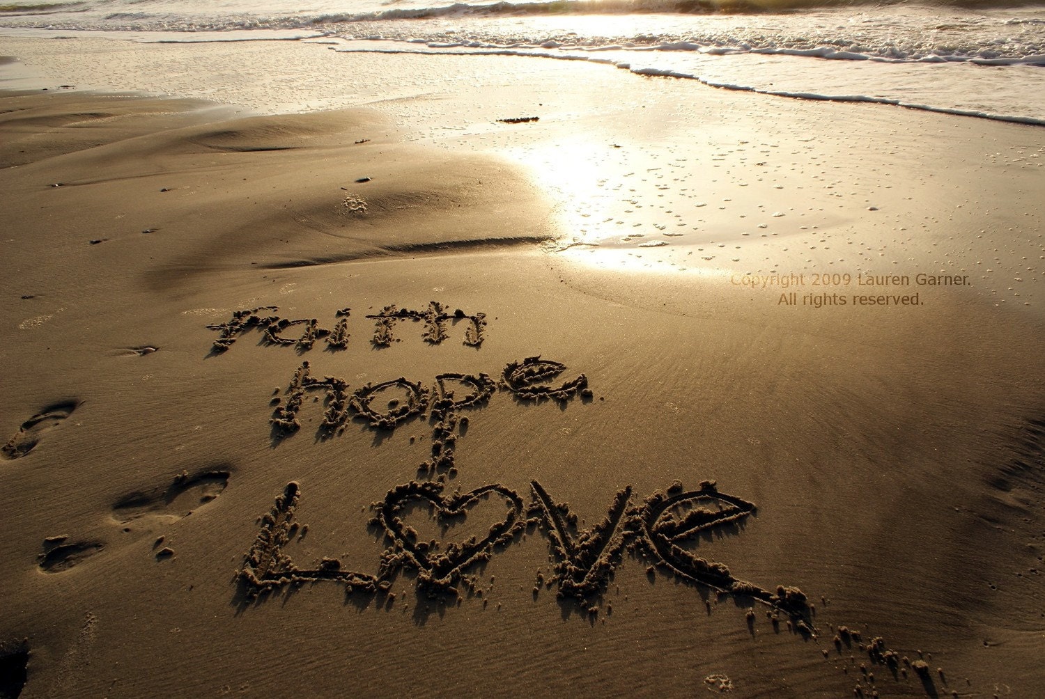 Faith Hope Love Written in the Sand Beach Heart by FlashForward