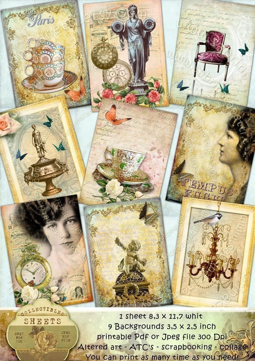 TEMPUS FUGIT - Backgrounds digital collage for ATC, Aceo, ScrapBooking, Altered ArT - Download PDF or JPEG format - You can print it as many time as you need