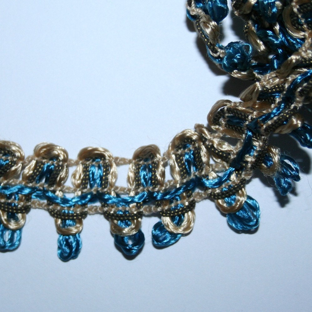 Fab 1970s Upholstery Trim Blue Cream Gold