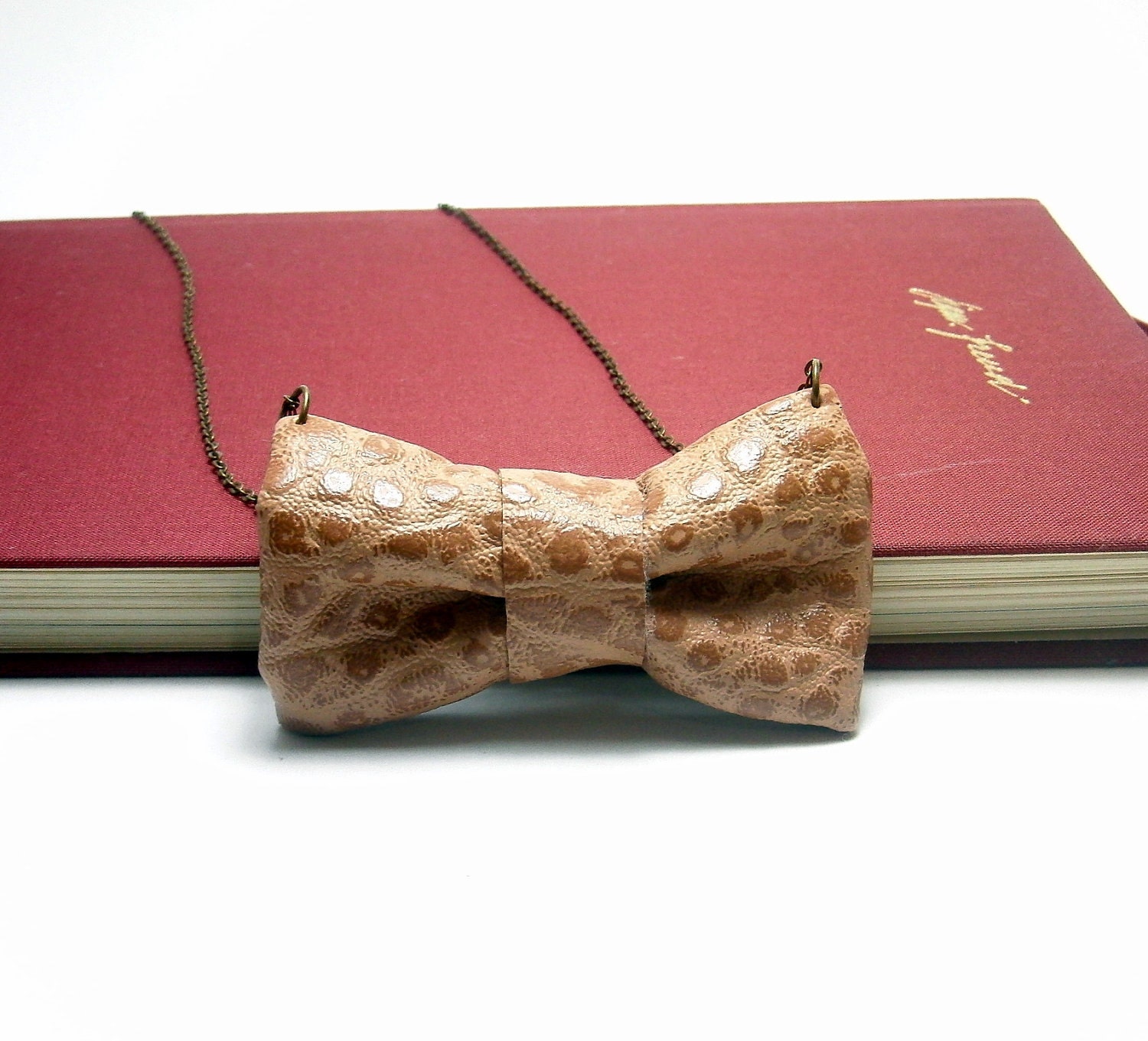 Bow Necklace Vinyl Animal Print Look in a Copper Chain