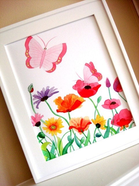 Pink Butterflies and Flowers Art 8x10 Print Nursery Decor Baby Kids Children FREE PERSONALIZATION