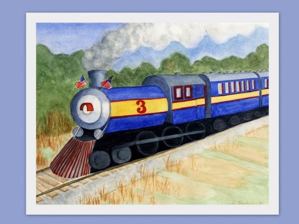 Choo-Choo Train Art Boy's Room Decor - 8x10 Giclee Print - Nursery Decor FREE PERSONALIZATION