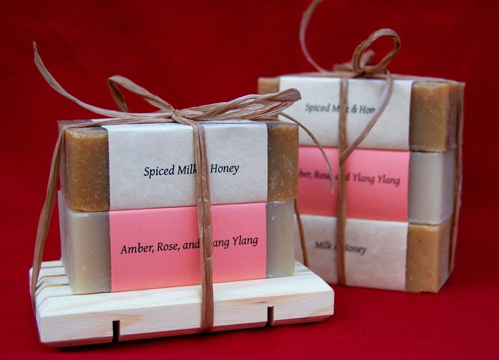 Custom gift set of handmade Sacred Suds essential oil soaps - pick two soaps.  Includes wooden self-draining soap dish and gift wrap.