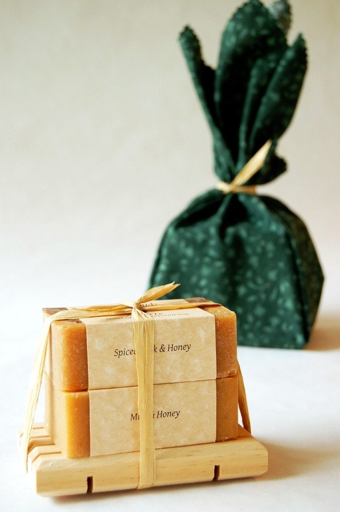Custom gift set of handmade Sacred Suds essential oil soaps - pick two soaps.  Includes wooden self-draining soap dish and gift wrap.