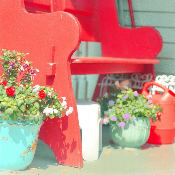 Shabby Chic Home Decor - Summer Porch Photograph 8x8 - flower pots retro vintage print