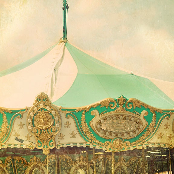 Vintage Carousel  - 8x8 Shabby Chic Photograph - surreal mint peach gold print nursery decor