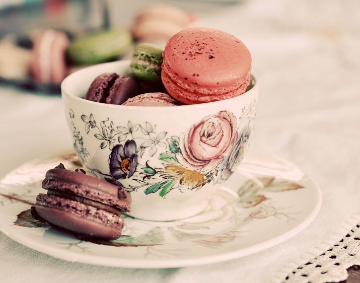 Macaron Photo -  Sweet Tea 5x7 Photograph- french cookie rich pastel colors green pink sweets teacup print