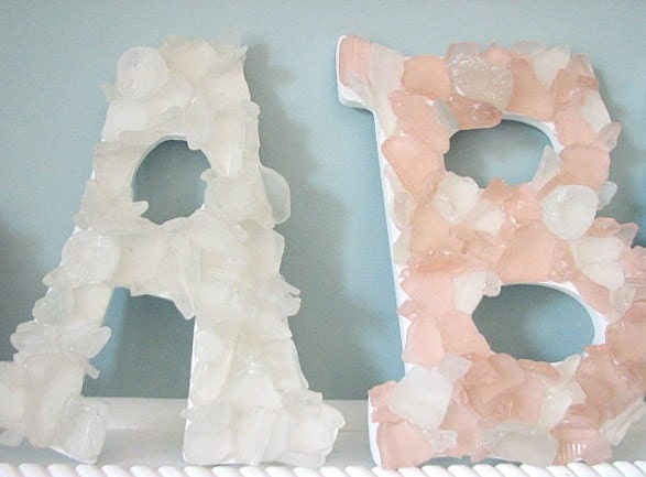 Sea Glass Decor Wall Letters for Beach Decor -  Any  (2)  Beach Glass Letters in Your Colors