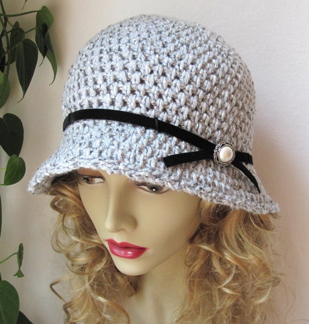 Womens Hat Grey Cloche, Velvet Trim, Pearl Button, Grey Fleck, Black Ribbon, Dress, Weddings, Birthday Gifts, Photo Prop, Handmade,JE107CALL