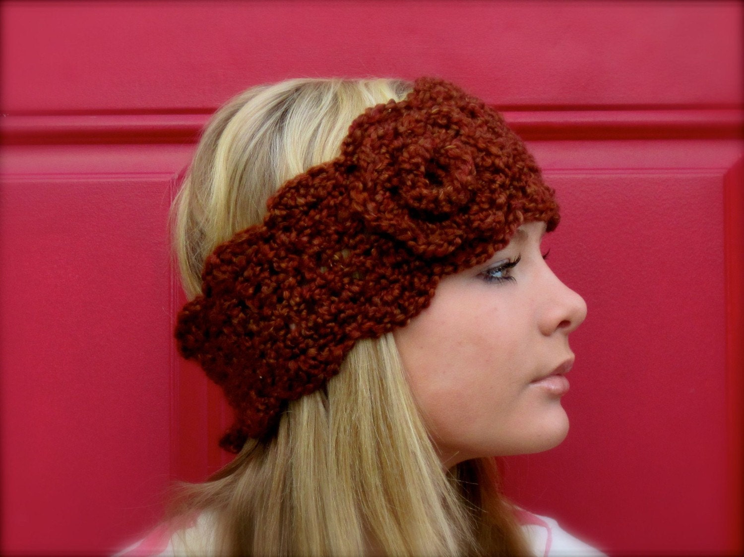 Russet headwarmer with flower - adjustable size
