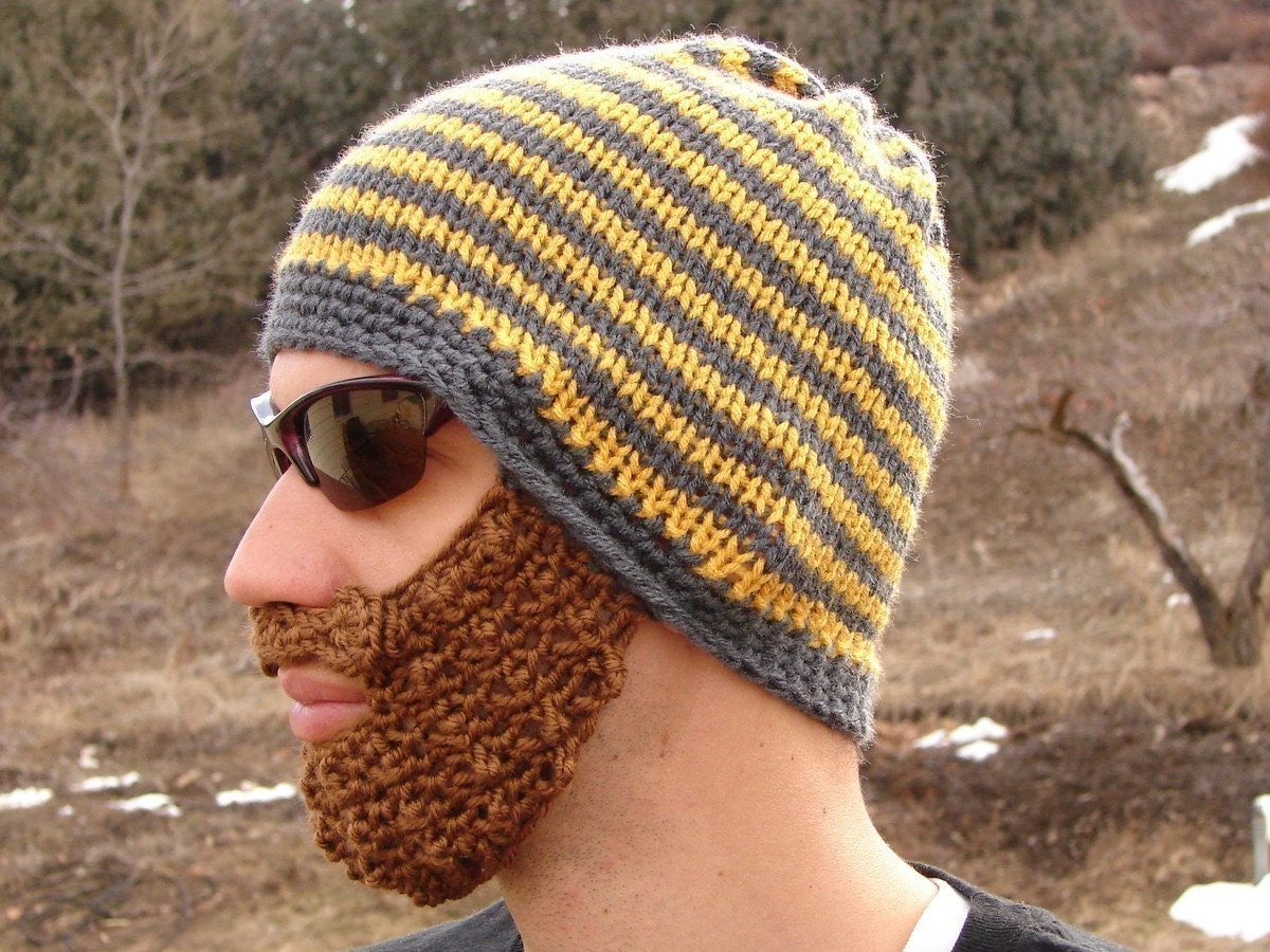 yellow and gray striped bearded beanie