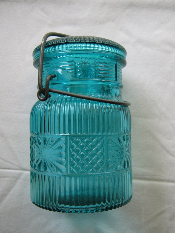 Beautiful Blue Avon Canning Jar With Wire by DoodleVintagePlus