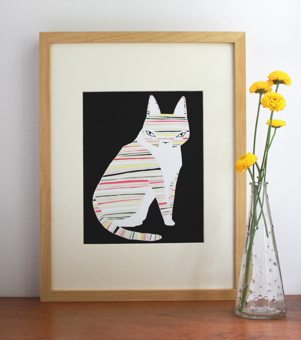 Neon Striped Cat Illustration - Free US Shipping