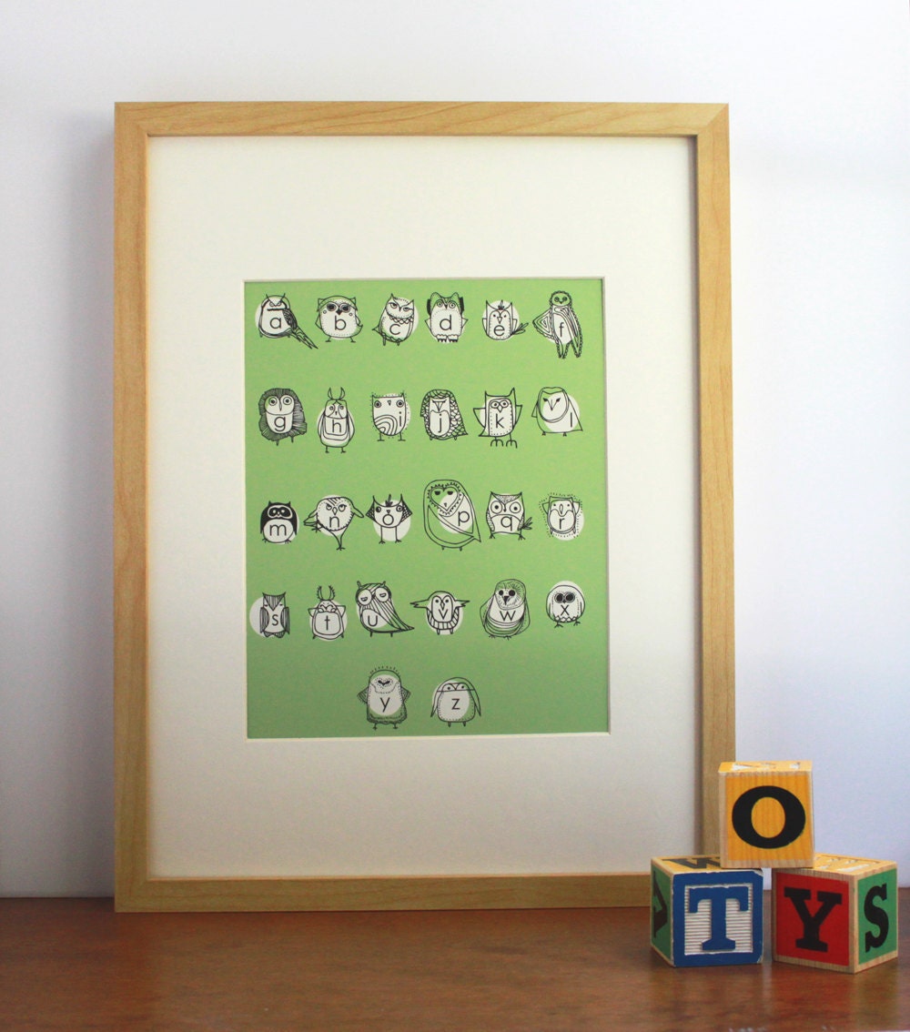 Green Owlphabet, Alphabet Print, Nursery Art, Kids Room - Free US Shipping