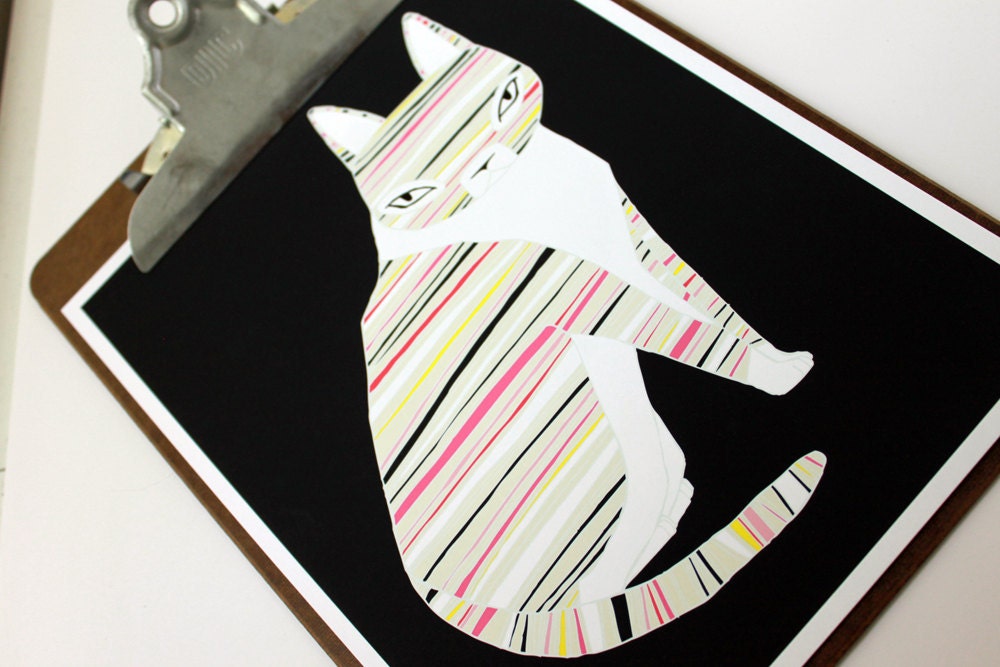 Neon Striped Cat Illustration - Free US Shipping