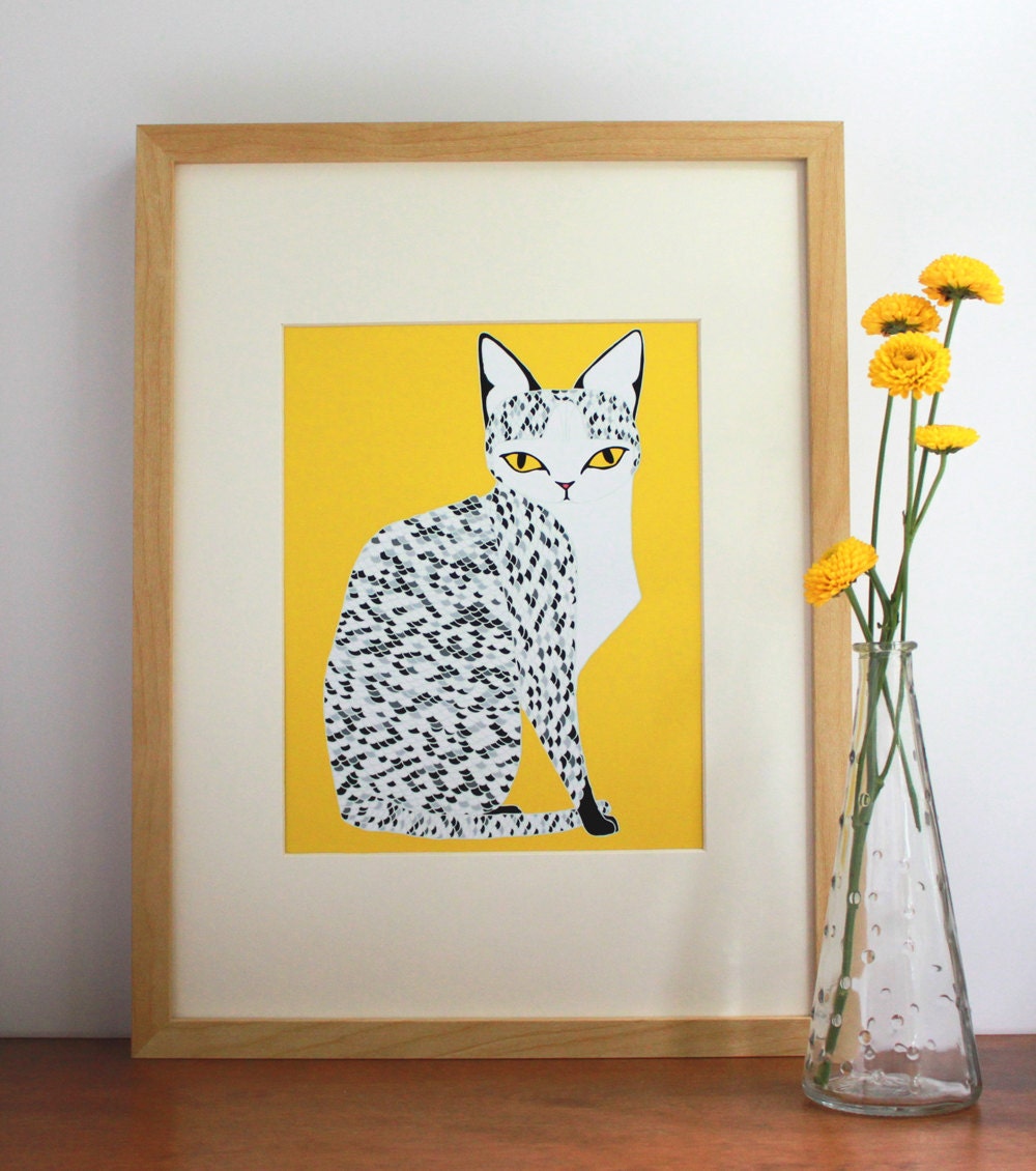Yellow Mau Cat Illustration, Cat Art - Free US Shipping