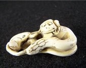 Netsuke, Snake and Frogs, Japanese, Antique, Carved Bone