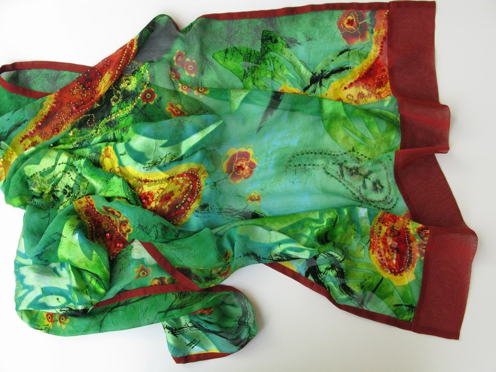 Pure Silk Beaded Shawl Scarf - by timA - Ready to Ship - 0084 - Under 75