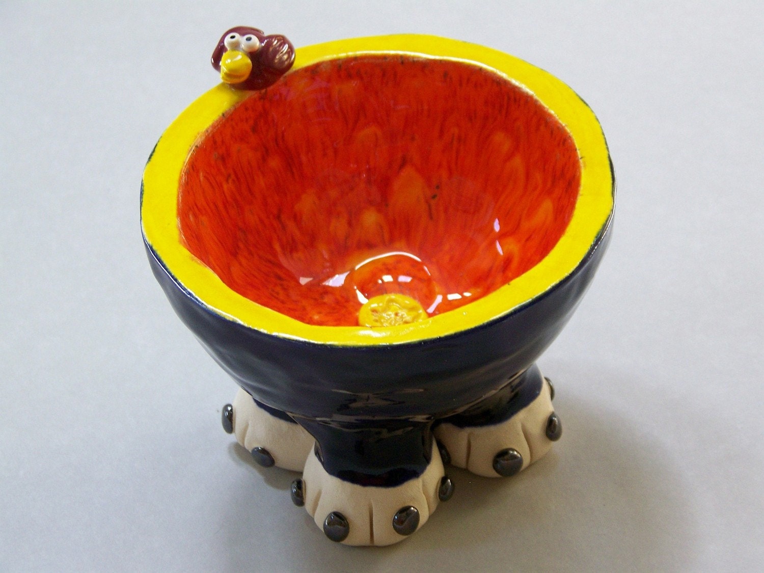 Blue and Orange Decorative Bowl with Maroon Bird