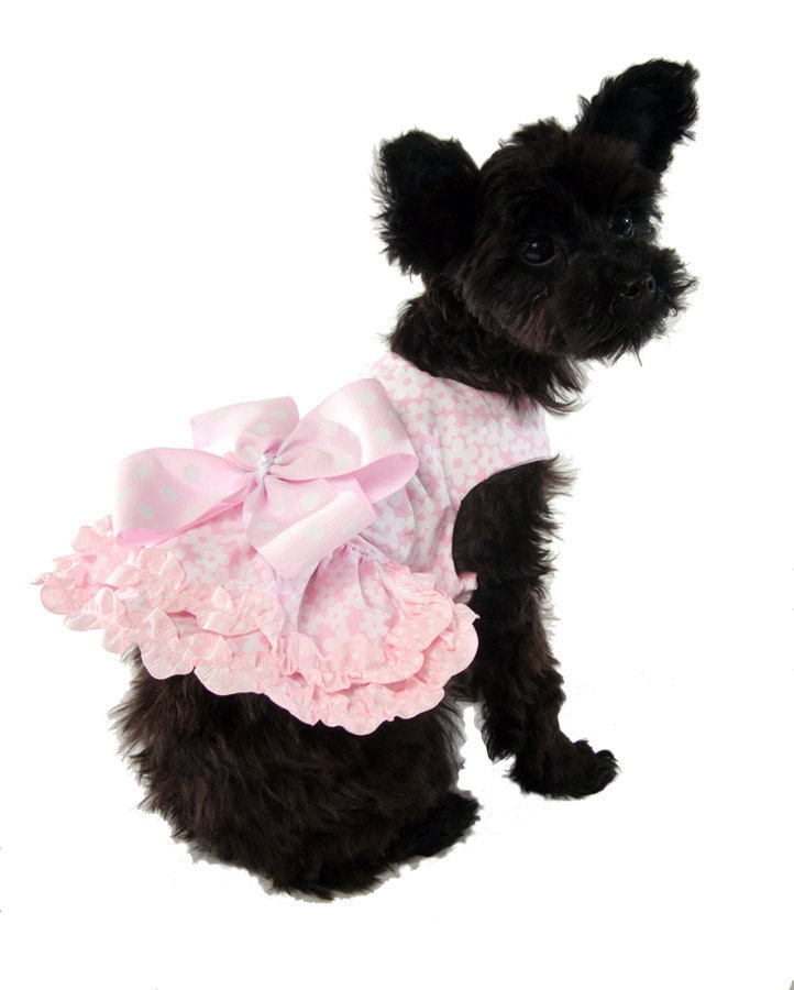 Pink Flowery Dog Dress with Pink Polka Dot Bow